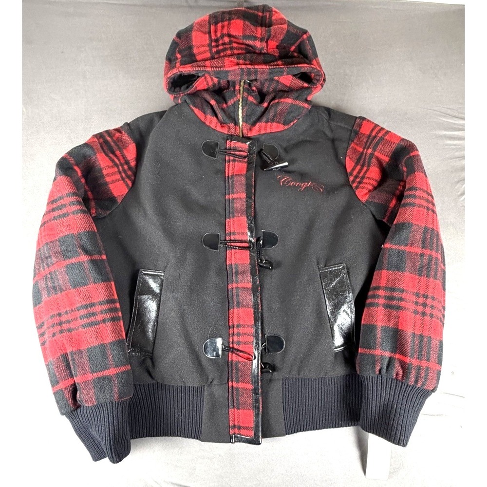 Coogi Womens 2X Plaid Hooded Toggle Coat Logo Back Wool Blend NWT Jacket